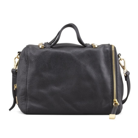Halston Heritage Baby Pebbled Satchel Bag - Black Leather with Gold Accents - Picture 15 of 16